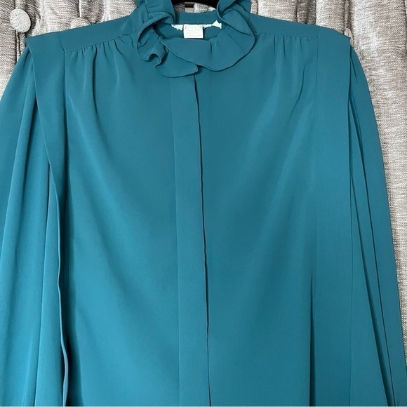 Vintage Ruffle High Neck Turquoise Blue Button Front Blouse Size 8 - Picture 11 of 16